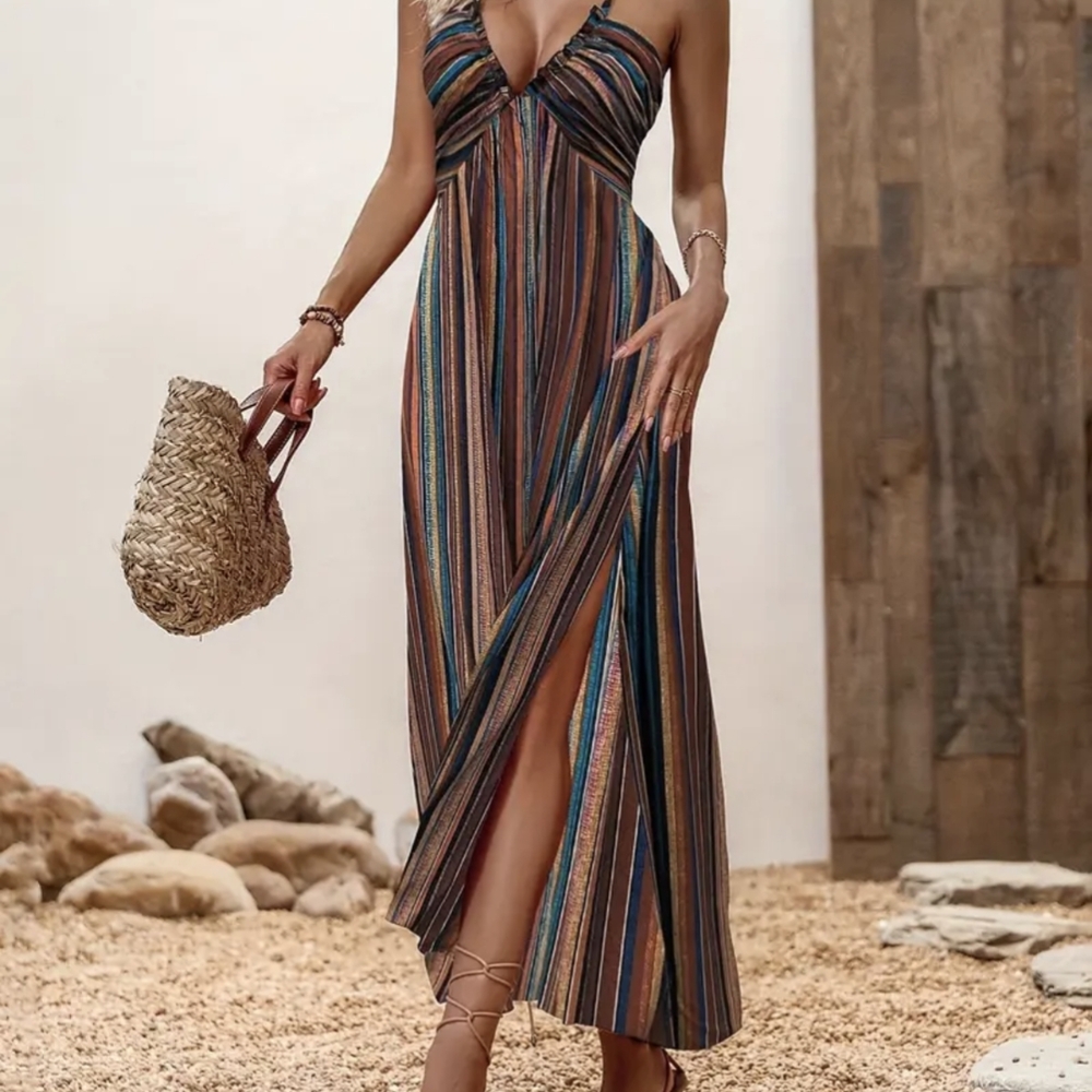 Chic Striped Maxi Dress in Earth Tones